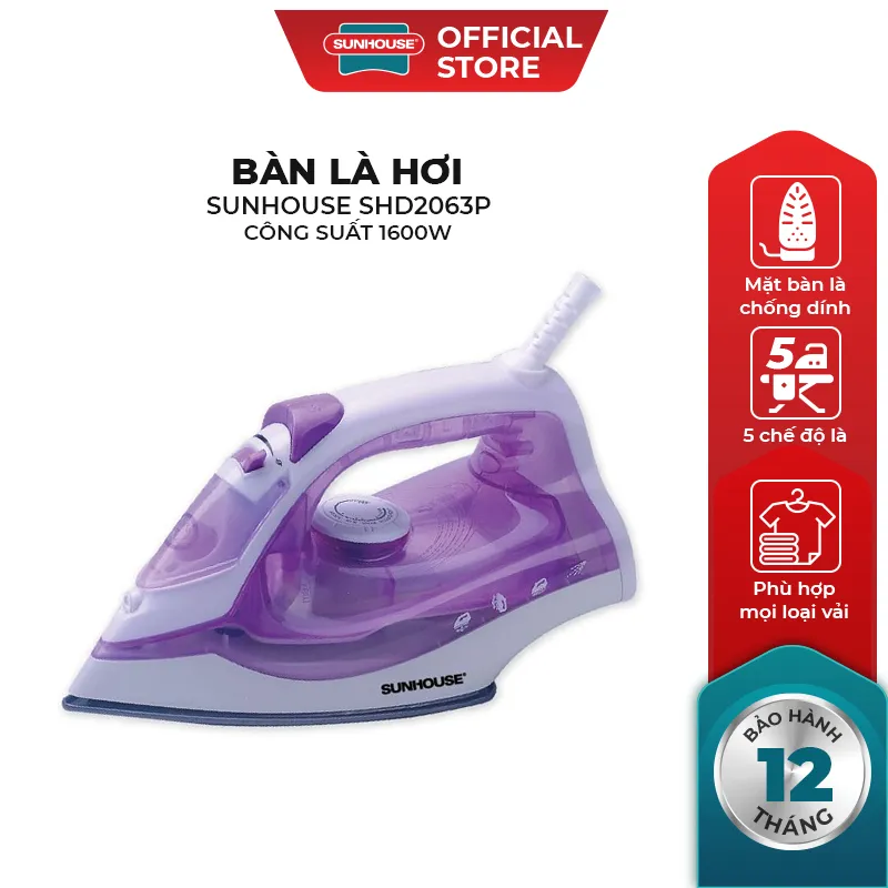 Ảnh Bàn là hơi SUNHOUSE SHD2063P màu tím -  5 chế độ là - Công suất 1600W - Bảo hành 12 tháng - Hàng chính hãng 1