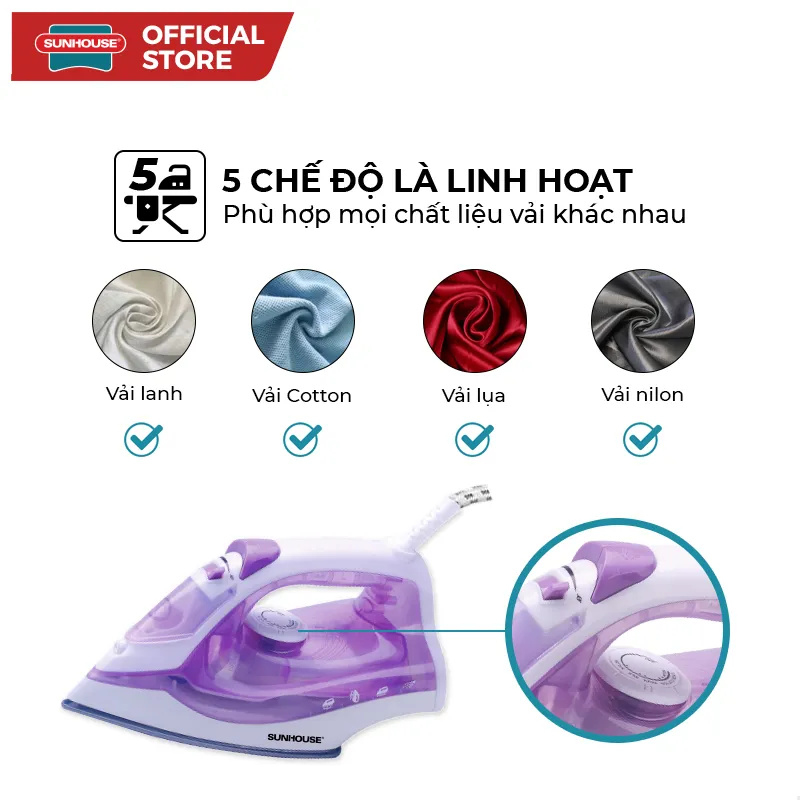 Ảnh Bàn là hơi SUNHOUSE SHD2063P màu tím -  5 chế độ là - Công suất 1600W - Bảo hành 12 tháng - Hàng chính hãng 4