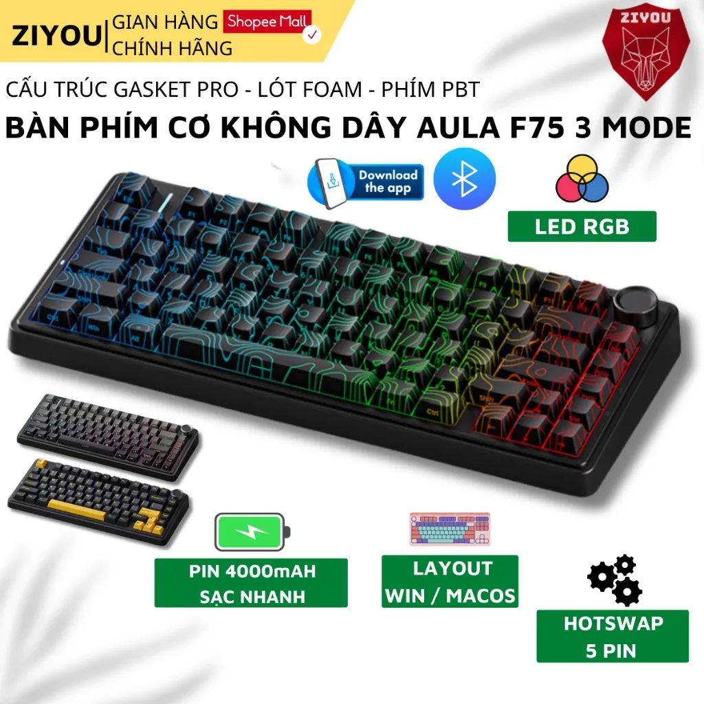 Ảnh Bàn Phím CƠ Bluetooth Ziyou AULA F75 Phiên Bản Mới PRO VIP V2 Led RGB Cho Máy Tính Laptop 1