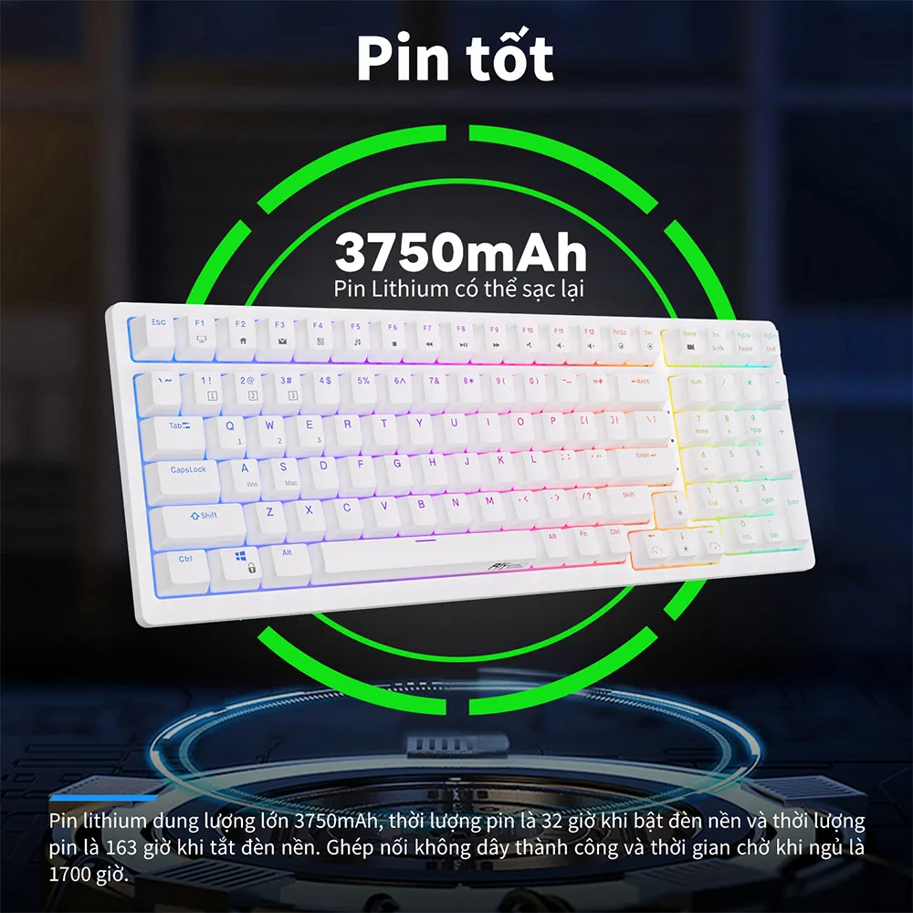 Ảnh Bàn phím cơ khí ROYAL KLUDGE RK98 98 phím RGB Backlight hỗ trợ cắm nóng với ba chế độ Bluetooth 2.4G không dây/có dây 3