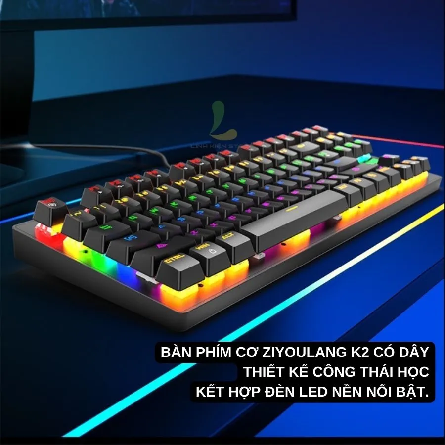 Ảnh Bàn phím cơ máy tính HOSAN ziyoulang K2, thiết kế công thái học cơ blue switch 87 phím Led RGB chế độ đổi màu đẹp 4