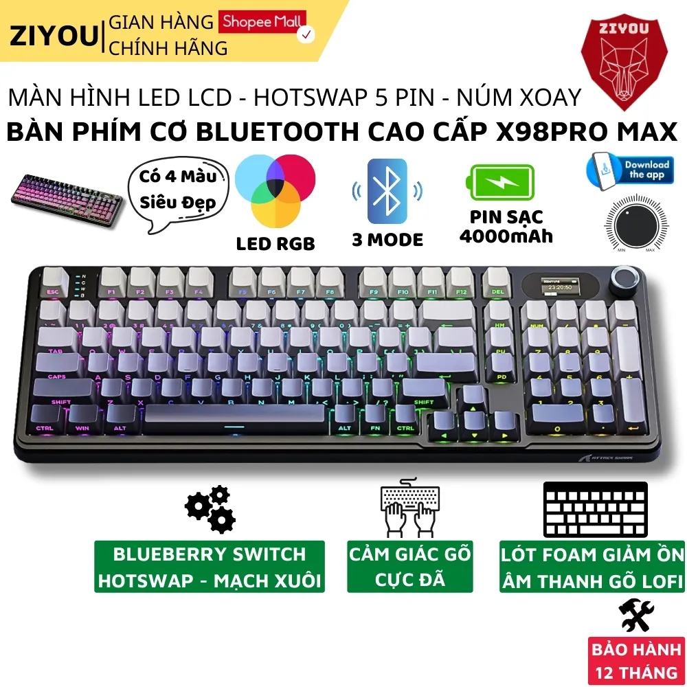 Ảnh Bàn Phím Cơ Máy Tính Không Dây Ziyou Attack Shark X98 PRO MAX 3 Mode, Màn Hình LCD, LED RGB 1