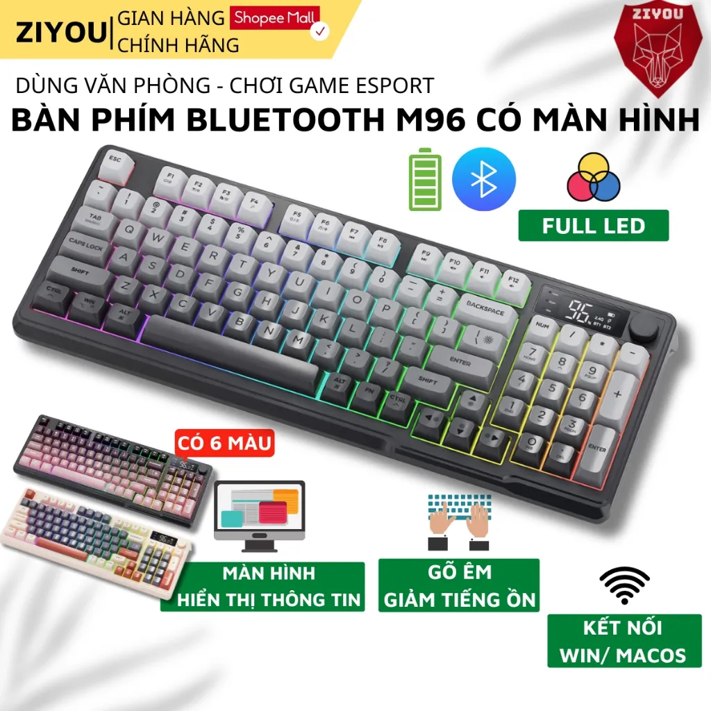 Ảnh Bàn Phím Gaming Không Dây Bluetooth Ziyou M96 Có LED 2 Chế Độ Kết Nối Cho Máy Tính, Laptop  Tích Hợp Màn Hình, Núm Xoay 1