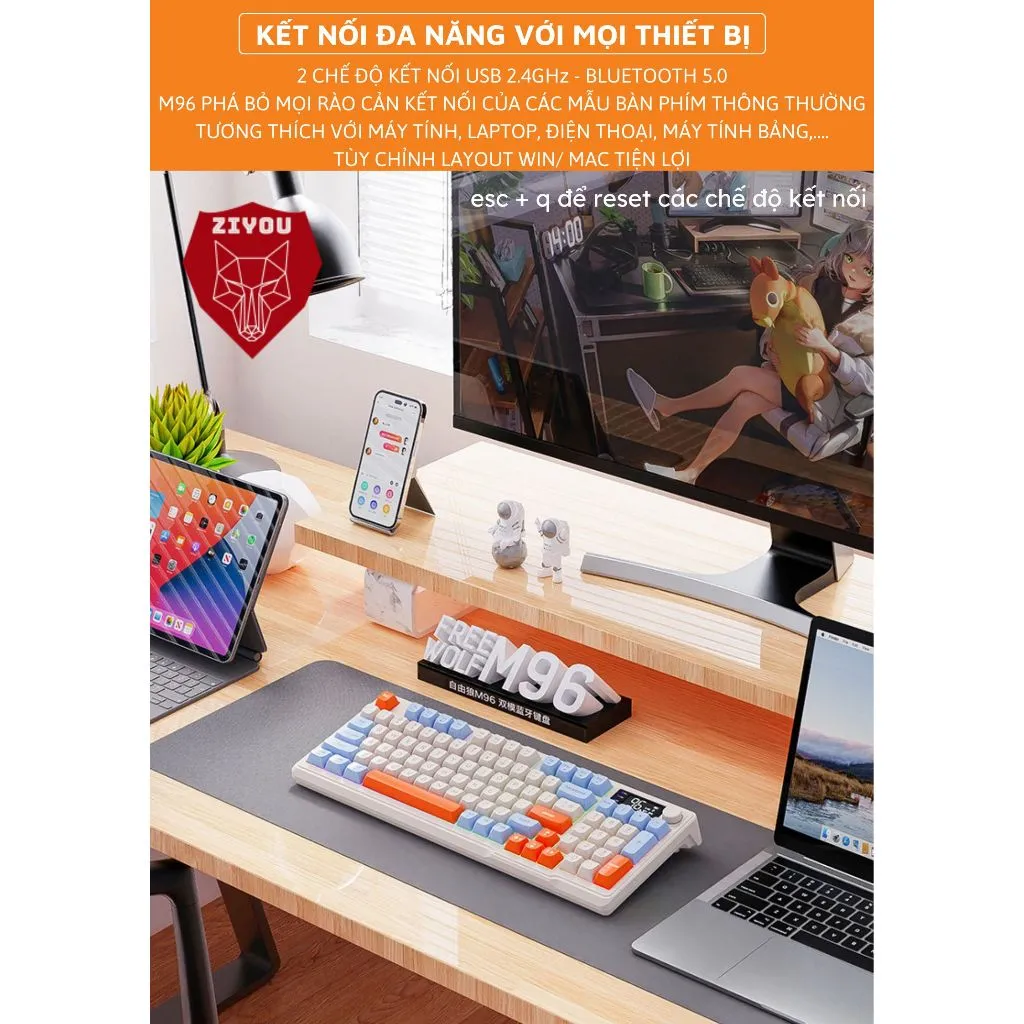 Ảnh Bàn Phím Gaming Không Dây Bluetooth Ziyou M96 Có LED 2 Chế Độ Kết Nối Cho Máy Tính, Laptop  Tích Hợp Màn Hình, Núm Xoay 3