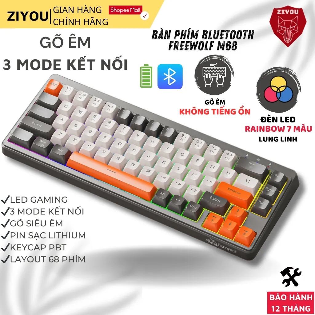 Ảnh Bàn Phím Không Dây Ziyou FreeWolf M68 Bluetooth 5.3 Kết Nối Đa Năng Led Pro Pin Sạc 1
