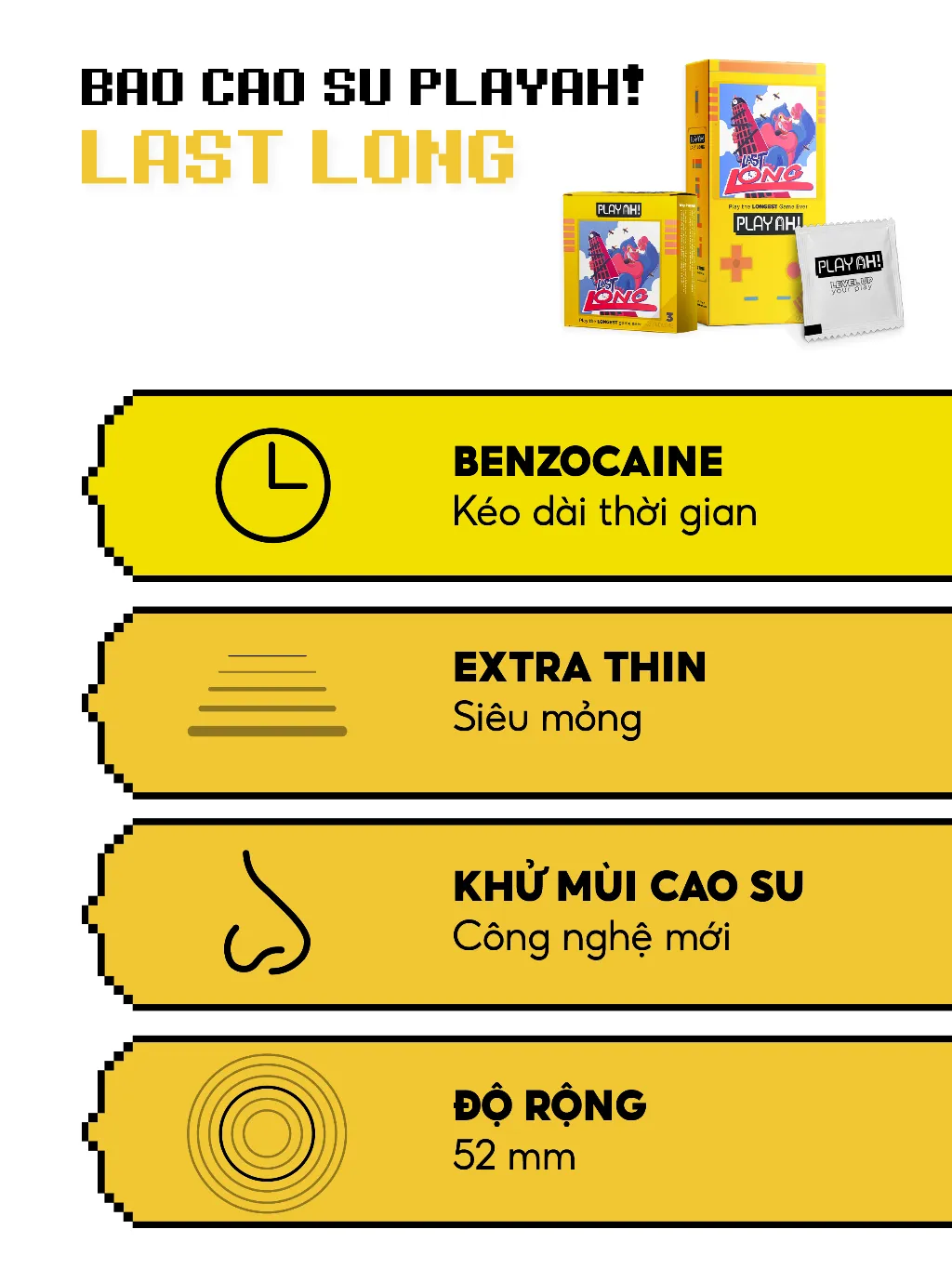Ảnh Bao Cao Su PlayAh Last Long Siêu Mỏng Kéo Dài Quan Hệ Thời Gian Hộp 3/10 size 52mm 3