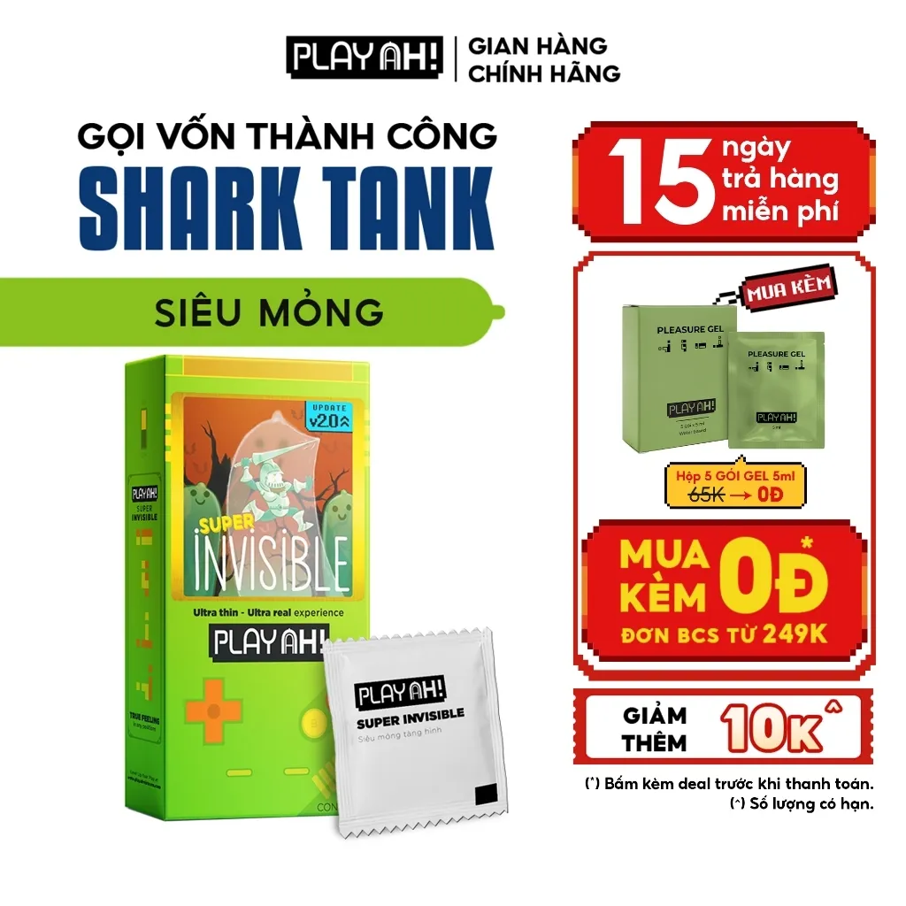 Ảnh Bao Cao Su PlayAh Super Invisible Siêu Mỏng/ Nhiều Gel/ Kéo Dài Thời Gian/ Có Gai Hộp 10 size 52mm 1
