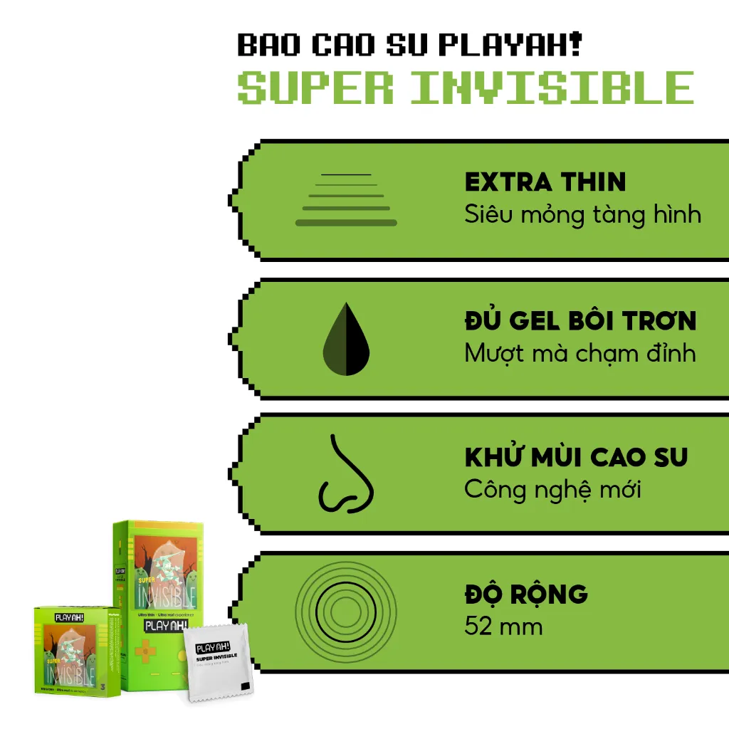 Ảnh Bao Cao Su PlayAh Super Invisible Siêu Mỏng Hộp 3/10 size 52mm, nhiều gel, truyền nhiệt 3