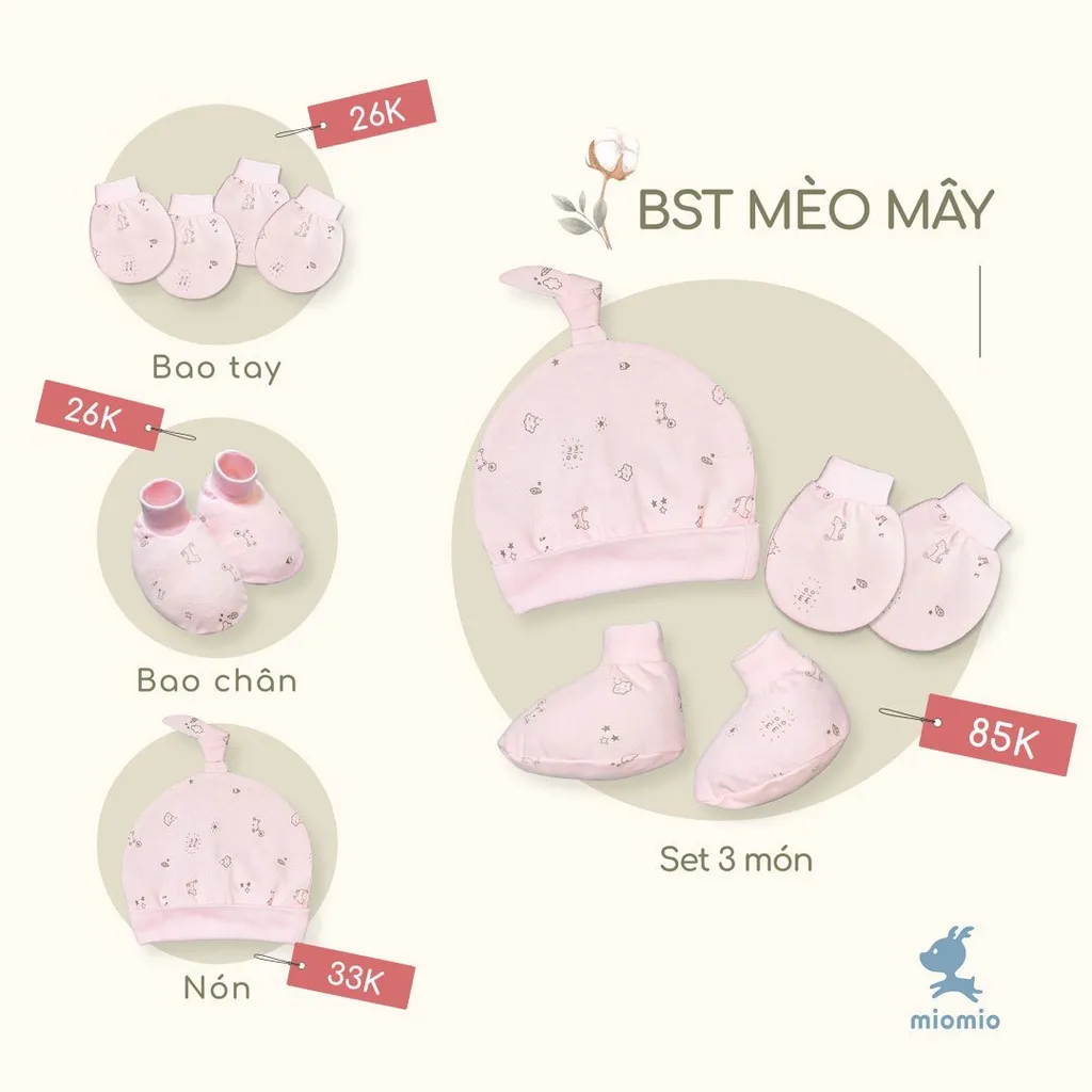 Ảnh Bao Tay Sơ Sinh Bo, Bao Chân Bo, Nón Sơ Sinh MIOMIO Cho Bé Trai, Bé Gái, Vải Cotton 4