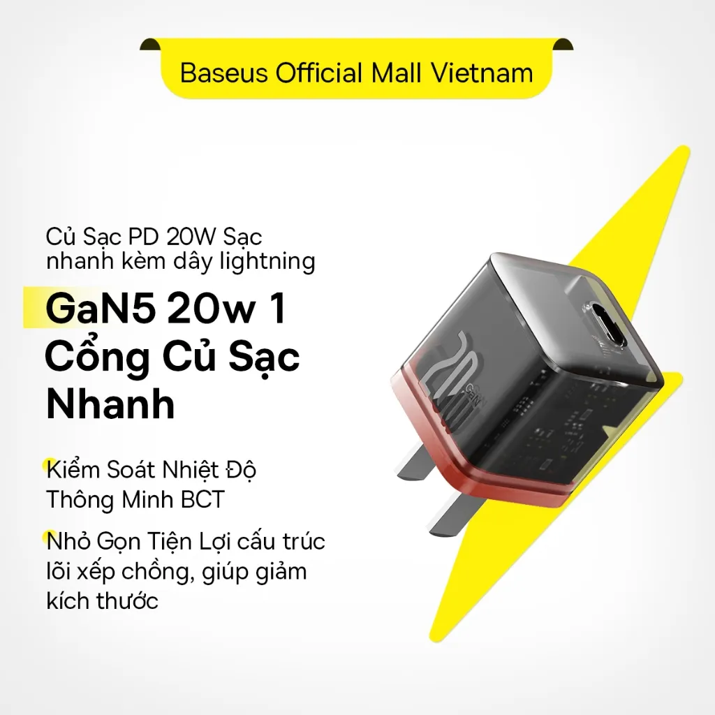 Ảnh Baseus Củ Sạc Bộ Cáp Nhanh PD 20W GaN 5 Sạc điện cho Không Nóng Máy An Toàn Ổn Định 1