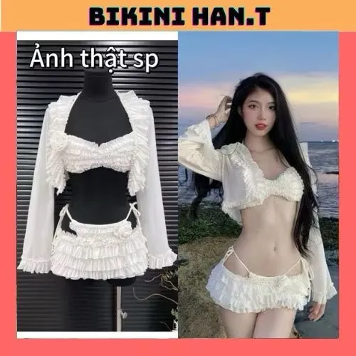 Ảnh Bikini đồ bơi đi biển 4 món BÈO TẦNG đính hoa, chất lưới tiểu thư mềm sang chảnh 1