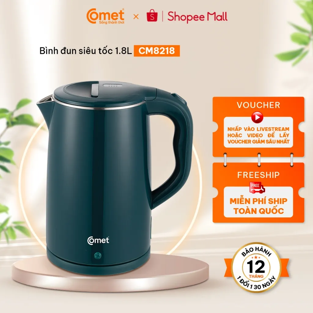 Ảnh Bình đun siêu tốc inox 304 1.8L COMET - CM8218DG màu xanh cổ vịt 1