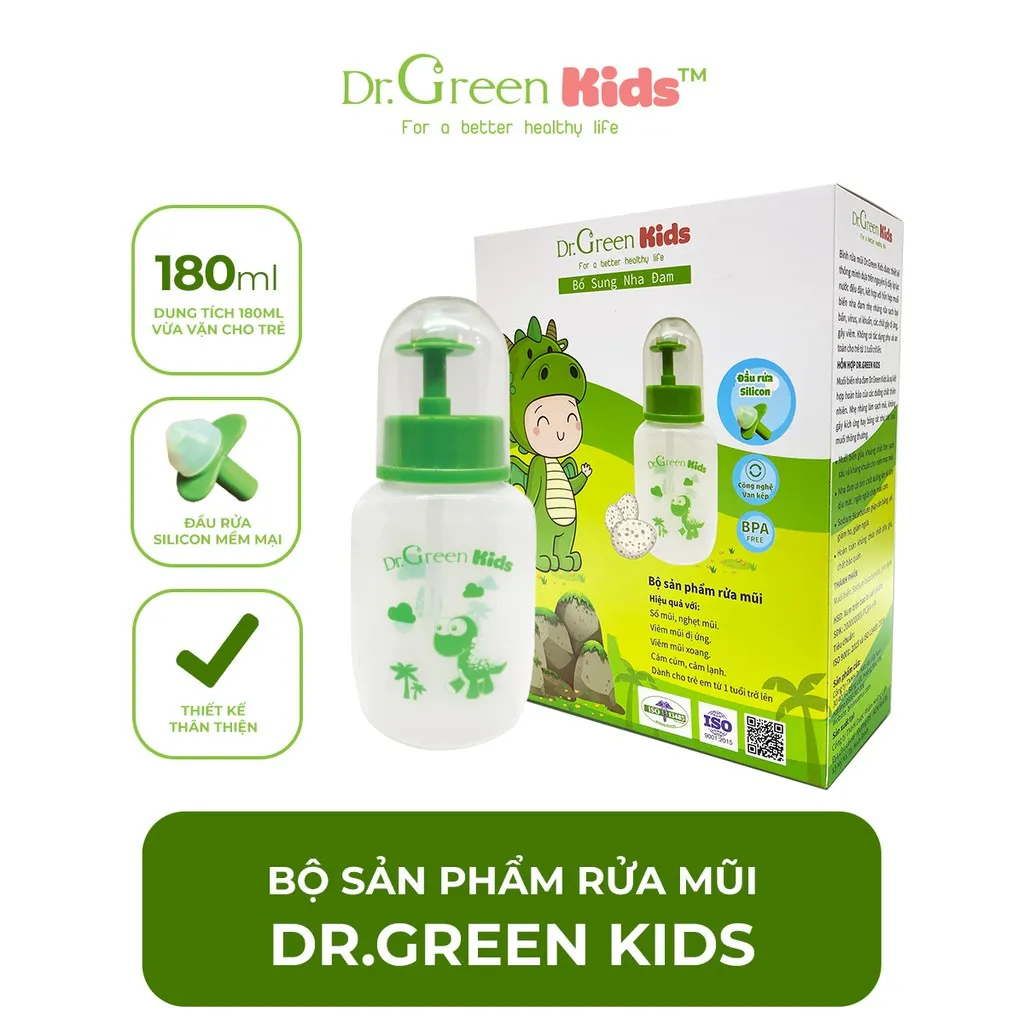 Ảnh Bình rửa mũi cho trẻ em Dr.Green Kids | 30 gói muối biển | Đầu rửa silicon | viêm mũi | viêm xoang 2