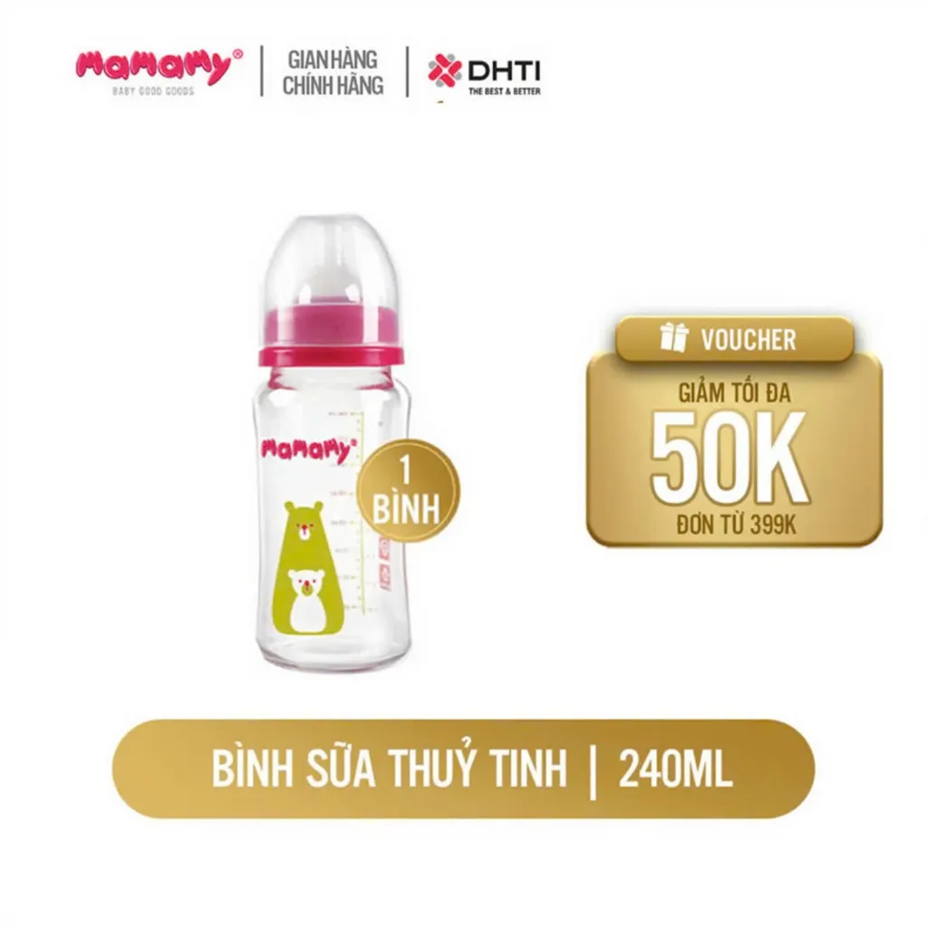 Ảnh Bình sữa cao cấp Mamamy cho bé dung tích 120ml, 240ml chất liệu thuỷ tinh siêu cứng, chống sặc và đầy hơi 1