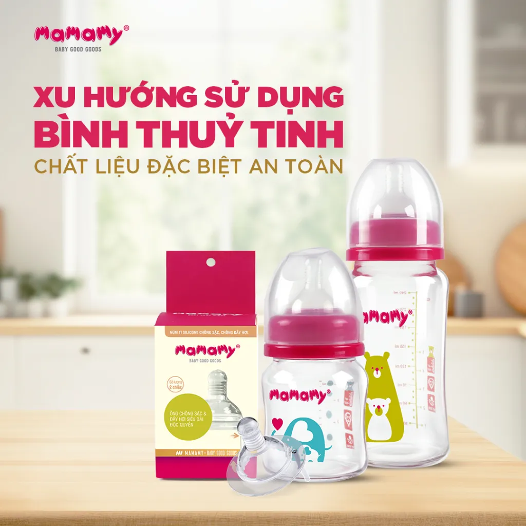 Ảnh Bình sữa cao cấp Mamamy cho bé dung tích 120ml, 240ml chất liệu thuỷ tinh siêu cứng, chống sặc và đầy hơi 2