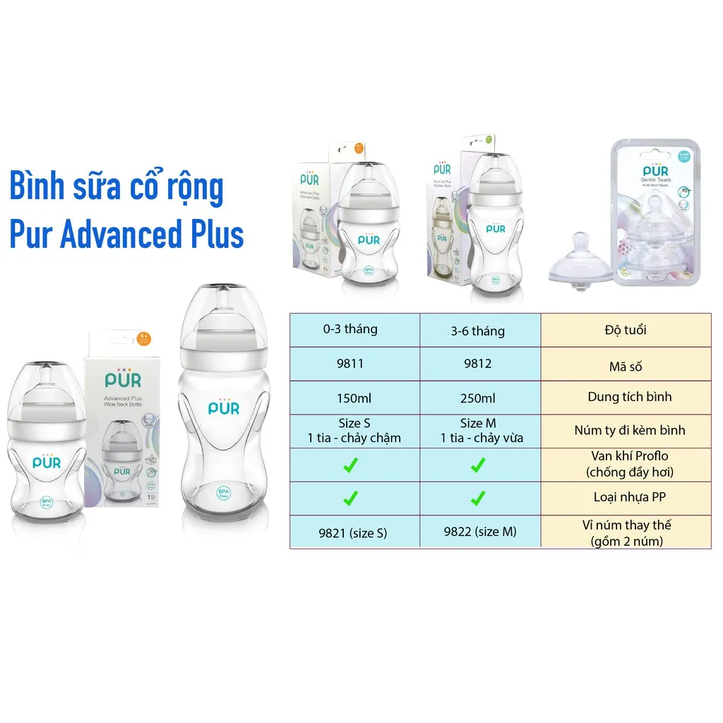 Ảnh Bình sữa cổ rộng Pur Advanced Plus 150ml, có sẵn 1 núm size S (0-3th) trong bình 3
