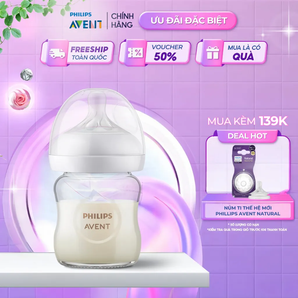 Ảnh Bình Sữa Philips Avent Natural Thủy Tinh Mô Phỏng Tự Nhiên Cao Cấp Cho Bé, Chống Đầy Hơi Sặc Sữa 120ml 1
