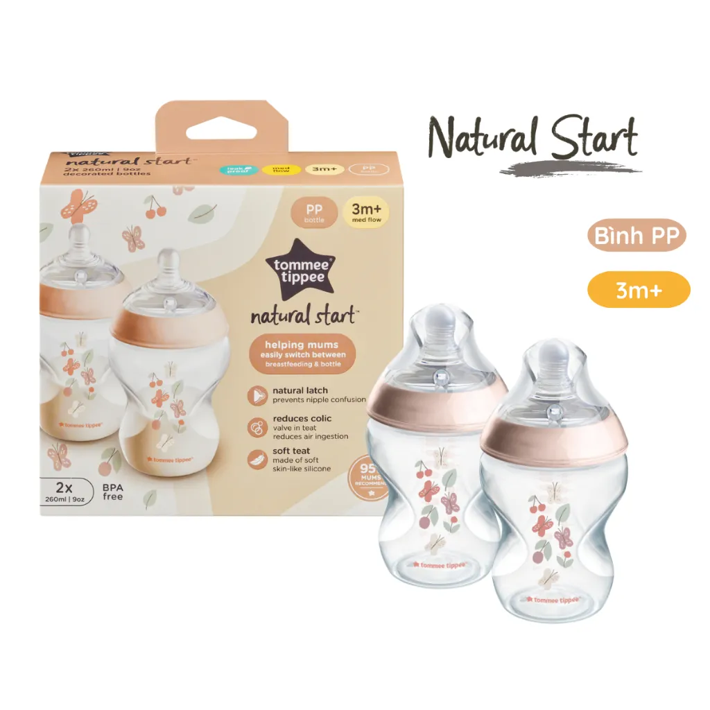 Ảnh Bình Sữa PP Ty Siêu Mềm Tự Nhiên Tommee Tippee Natural Start 260ml, Núm Ty Của Bình 3-6 Tháng, Hồng (Bình Đôi, Tách Lẻ) 1