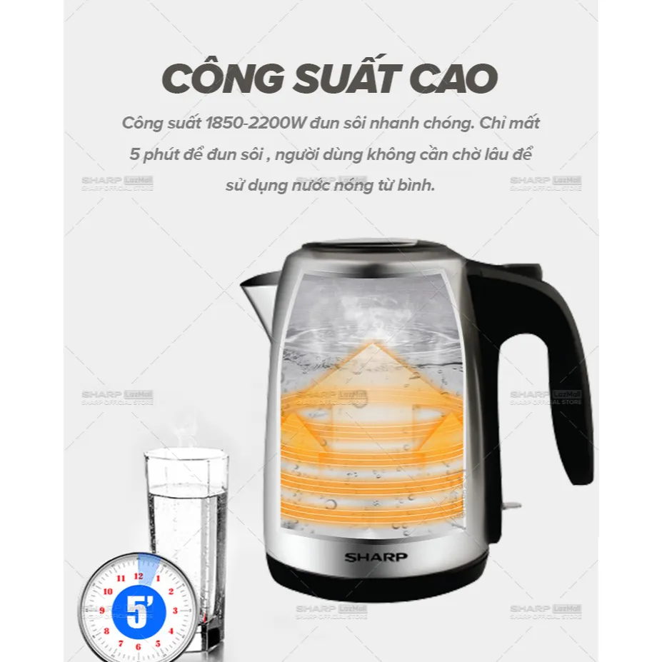 Ảnh Bình Đun Siêu Tốc 1.5 Lít SHARP EKJ-15EVS-ST Vạch báo nước, Cảm biến nhiệt FADA 4