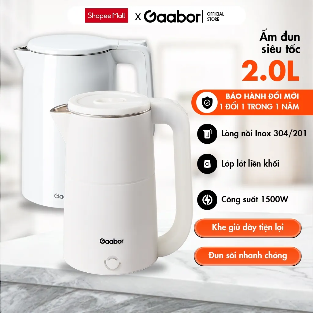 Ảnh Bình đun siêu tốc Gaabor EK20M-WH01A/WH02A dung tích lớn 2L công suất 1500W lòng ấm thép liền kề dễ vệ sinh an toàn 2
