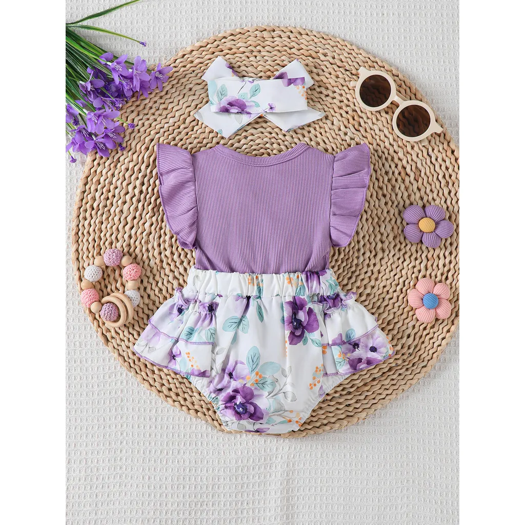 Ảnh Bộ 2 món mùa hè ngọt ngào dành cho bé gái 1-18 tháng: Bộ đồ liền thân tay mềm mại in nơ hoa + Băng đô phù hợp – Đóng cửa nhanh 1