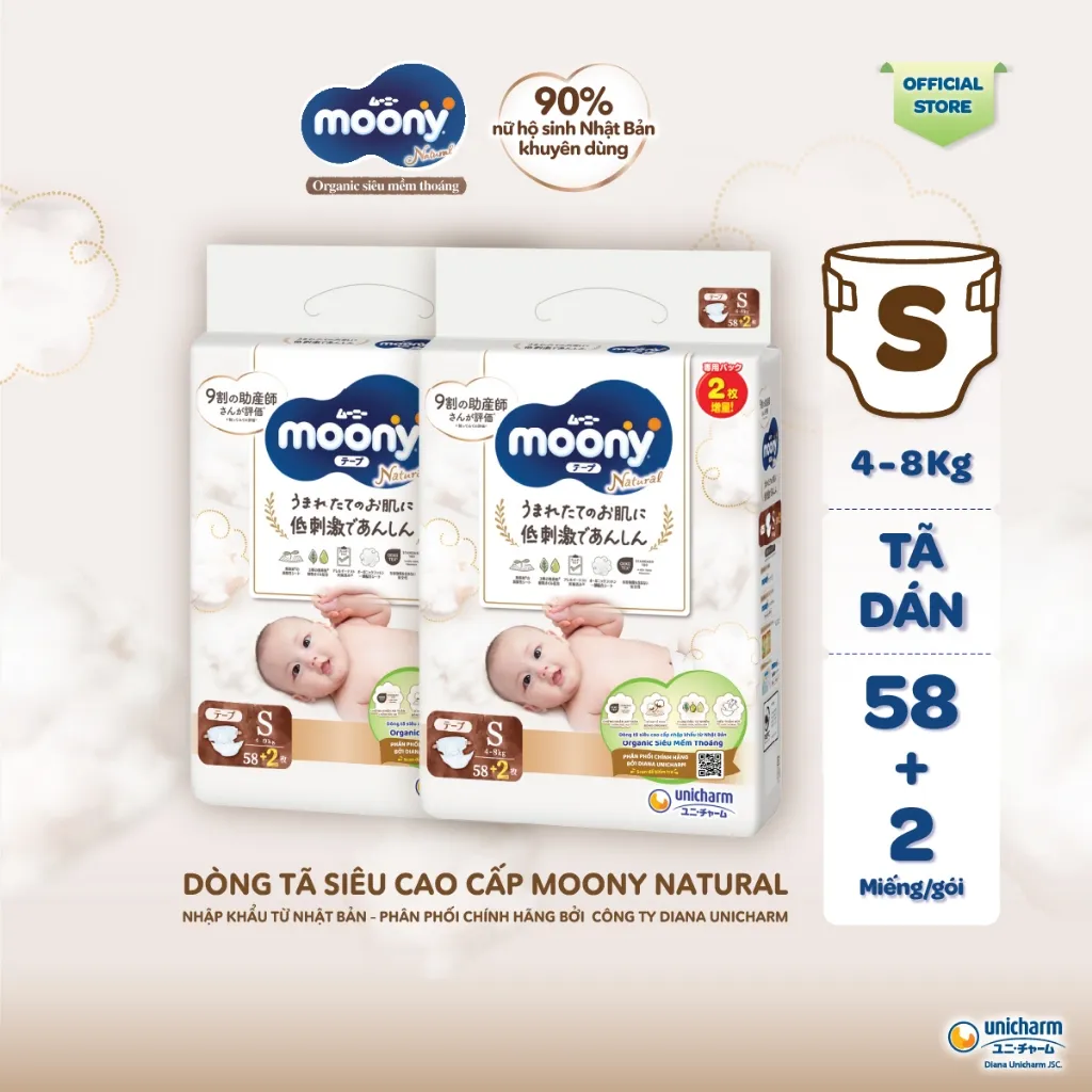 Ảnh Bộ 2 Tã dán Moony Natural siêu cao cấp NB63/S58/M46/L38 1