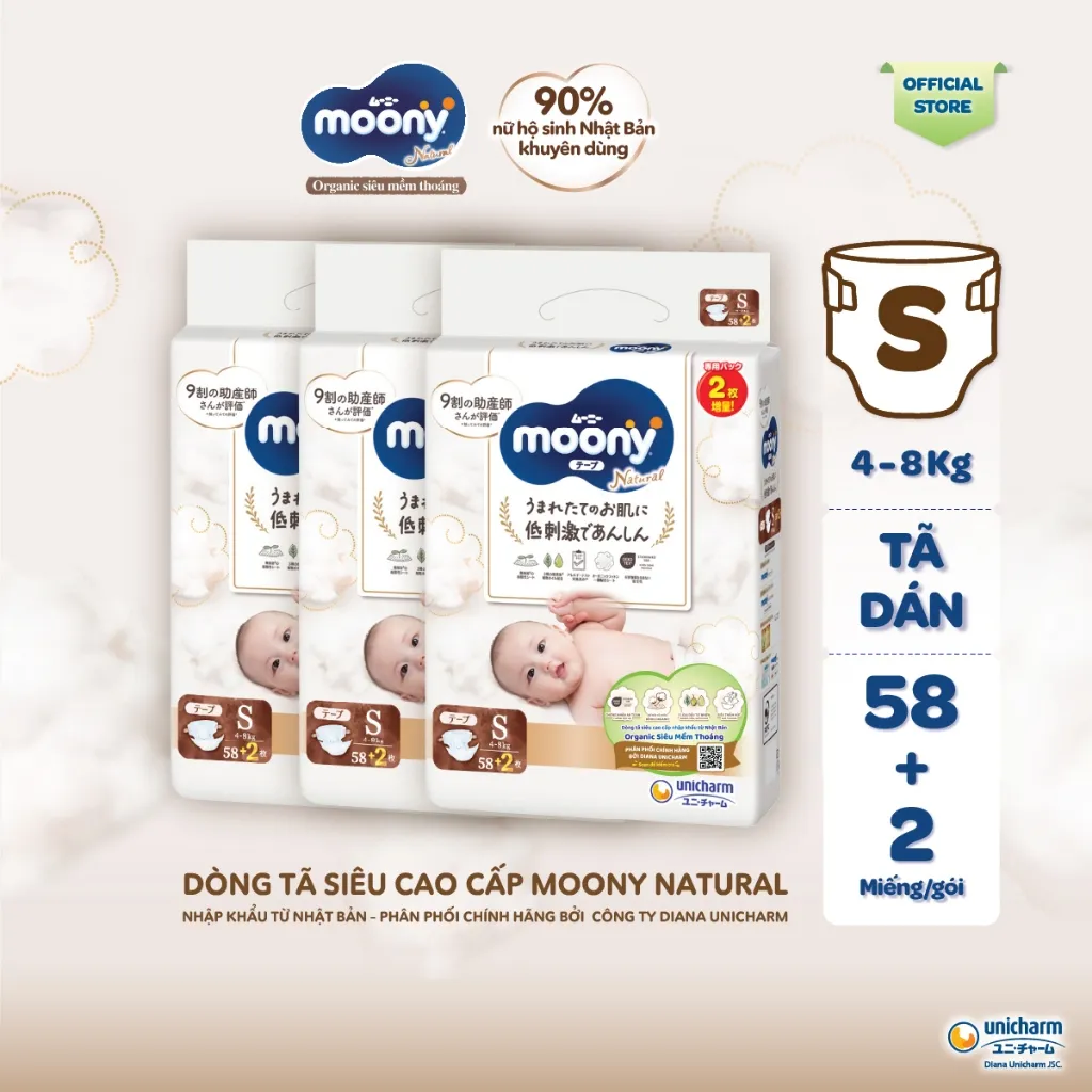 Ảnh Bộ 3 Tã dán Moony Natural siêu cao cấp NB63/S58/M46/L38 1