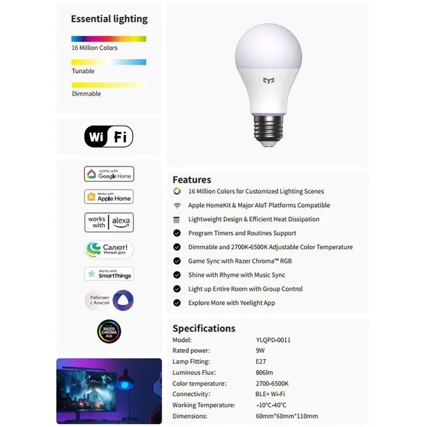 Ảnh Bộ 4 bóng đèn Yeelight W4 16 triệu màu chuôi đèn E27, nháy theo nhạc, tương thích Homekit 2