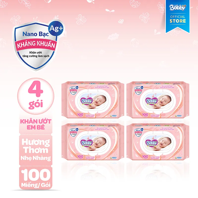Ảnh Bộ 4 gói Khăn ướt Bobby Care hương thơm nhẹ nhàng 100 tờ/gói (Hồng) 1