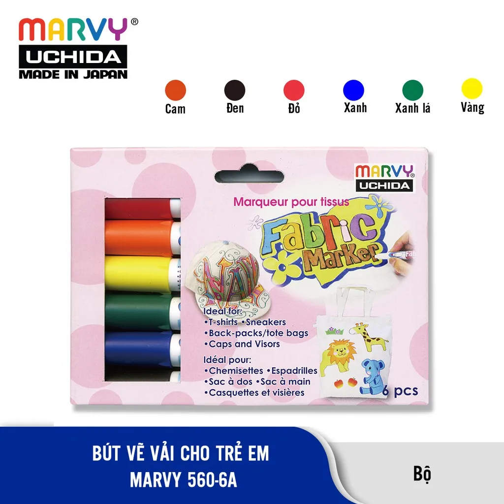 Ảnh Bộ 6 cây Bút Vẽ Vải Không Bay Màu Cho Bé Marvy Uchida 560 - 6A ( màu cơ bản) 1