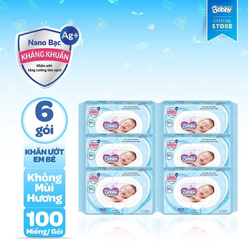 Ảnh Bộ 6 gói Khăn ướt Bobby không mùi 100 tờ/gói (Xanh) 1