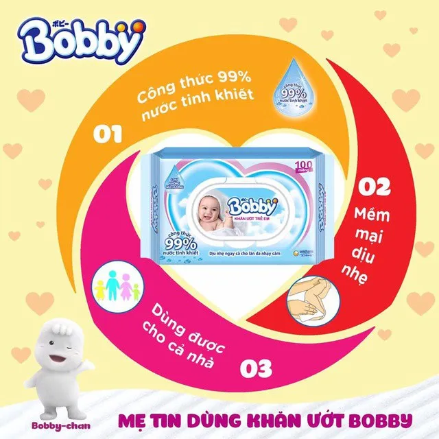 Ảnh Bộ 6 gói Khăn ướt Bobby không mùi 100 tờ/gói (Xanh) 3