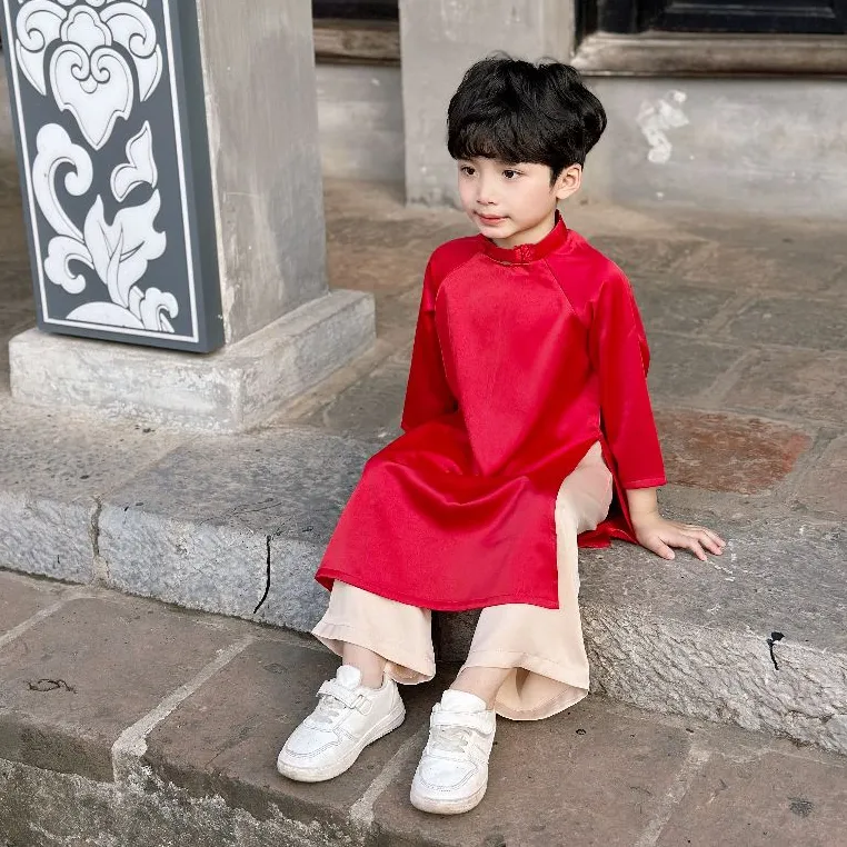 Ảnh Bộ Áo Dài Bé Trai Bé Gái Fbaby Thiết Kế Trơn Cao Cấp Mềm Mại Mặc Tết Đi Chơi Sự Kiện 2