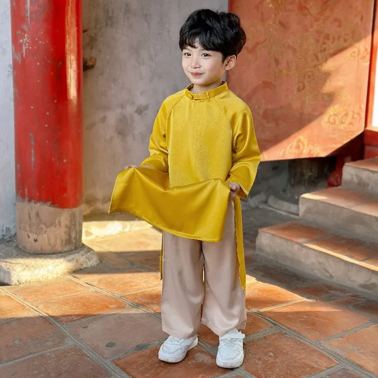 Ảnh Bộ Áo Dài Bé Trai Bé Gái Fbaby Thiết Kế Trơn Cao Cấp Mềm Mại Mặc Tết Đi Chơi Sự Kiện 3