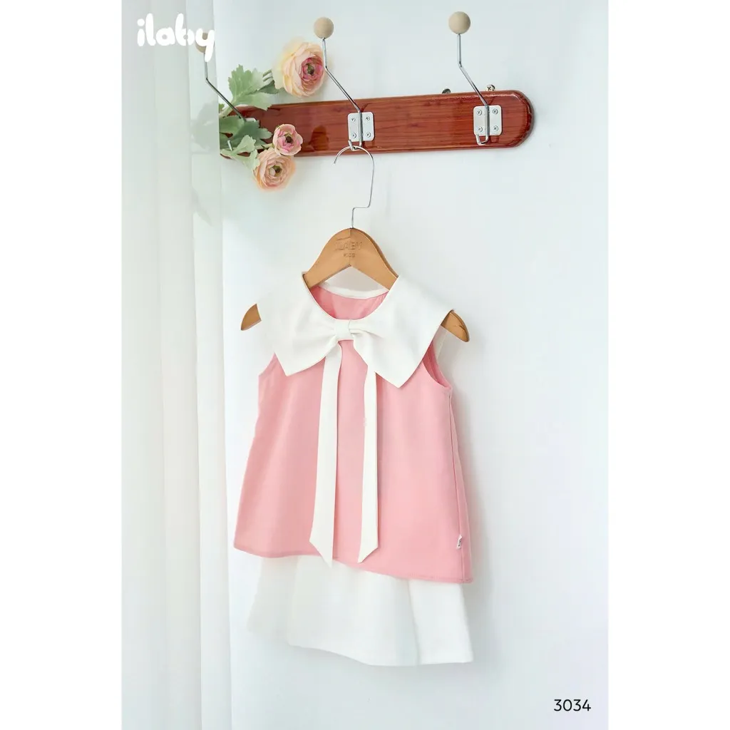 Ảnh Bộ áo kèm váy bé gái ILABY bộ áo cổ xếp nơ khoét nách và chân váy A phong cách dễ thương [3034] 2