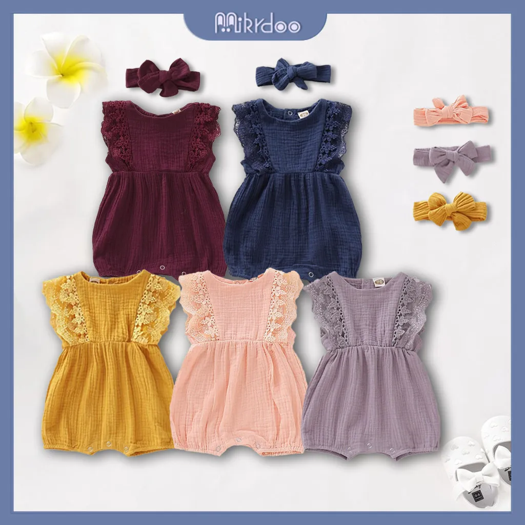 Ảnh Bộ áo liền quần MIKRDOO không tay chất vải cotton + băng đô trơn màu xinh xắn thời trang cho bé sơ sinh 1