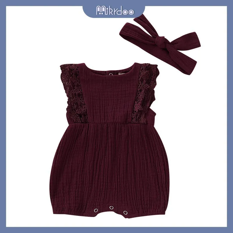 Ảnh Bộ áo liền quần MIKRDOO không tay chất vải cotton + băng đô trơn màu xinh xắn thời trang cho bé sơ sinh 3