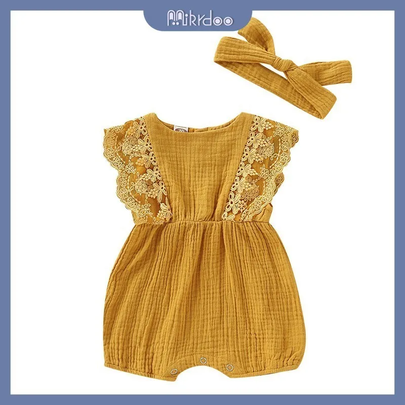 Ảnh Bộ áo liền quần MIKRDOO không tay chất vải cotton + băng đô trơn màu xinh xắn thời trang cho bé sơ sinh 4