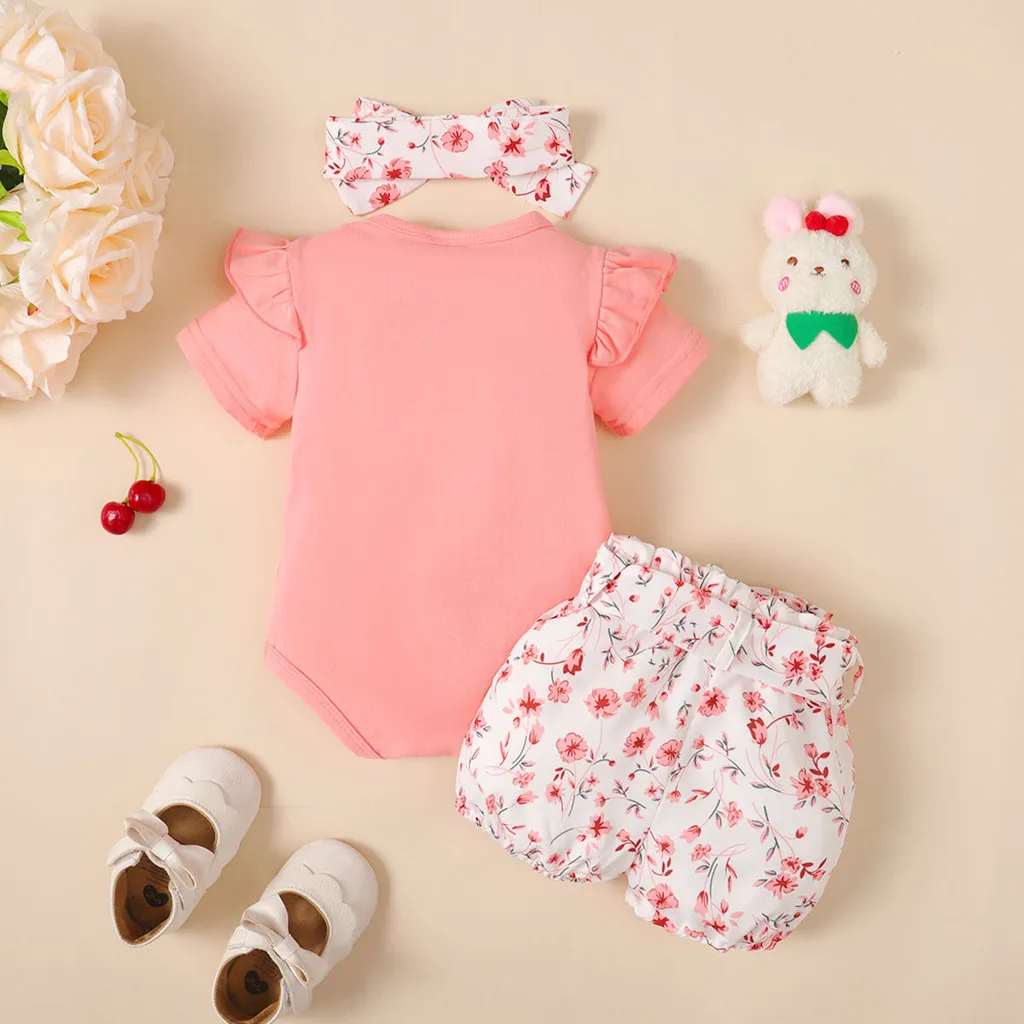 Ảnh Bộ áo liền quần tay thêu lông tơ 3 mảnh cho bé gái mùa hè + Quần short in hoa + Băng đô - Bộ trang phục dễ thương thông thường 1