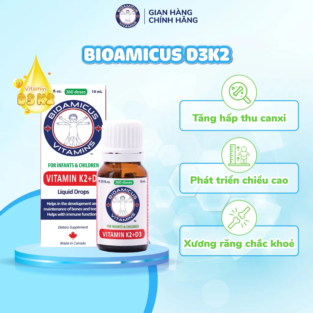 Ảnh Bộ Ba Cho Bé Ăn Ngon Cao Lớn Thông Minh - Men 10 Chủng BioAmicus & BioAmicus Vitamin D3K2MK7 & BioAmicus Omega-3 DHA 3