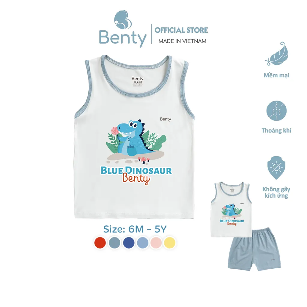 Ảnh Bộ ba lỗ BENTY phối viền in khủng long BT099, đồ bộ cao cấp cotton mặc ngủ điều hòa, đi chơi cho bé 1