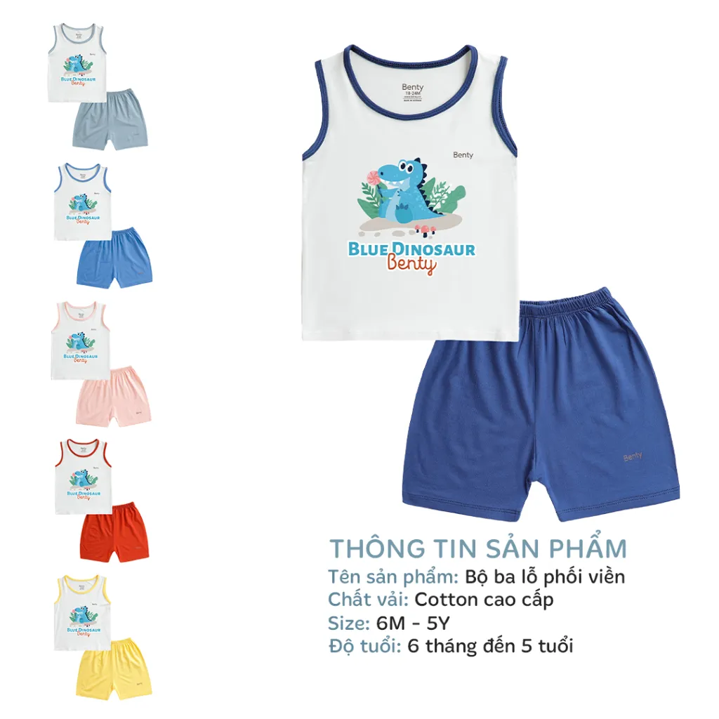Ảnh Bộ ba lỗ BENTY phối viền in khủng long BT099, đồ bộ cao cấp cotton mặc ngủ điều hòa, đi chơi cho bé 2