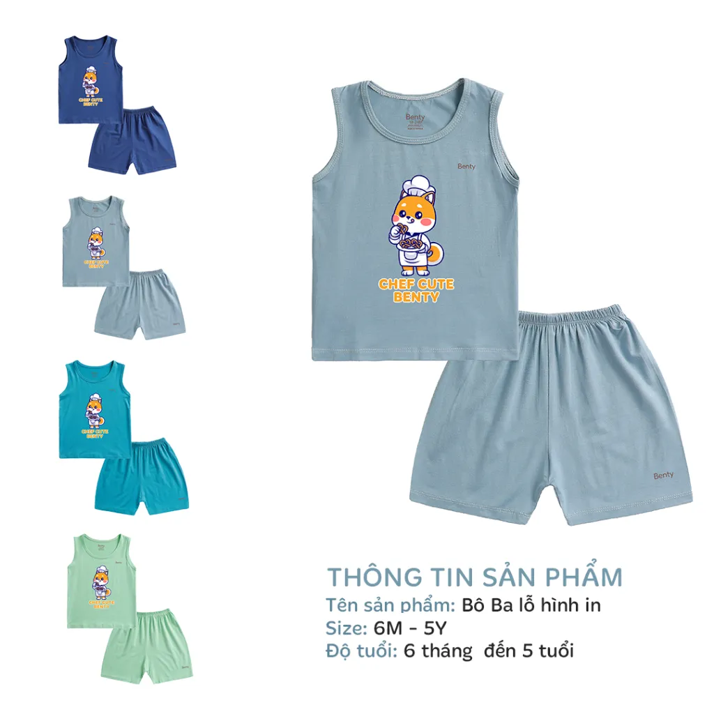 Ảnh Bộ ba lỗ hình in chú mèo đầu bếp BENTY BT089 thoáng mát, quần áo trẻ em bé trai bé gái mềm mịn 2