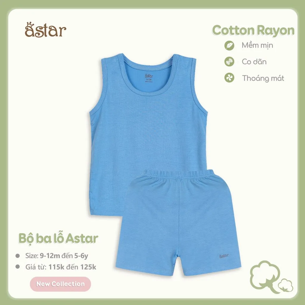 Ảnh Bộ ba lỗ màu trơn Astar vải cotton rayon cho bé trai, bé gái 9 tháng đến 6 tuổi 2