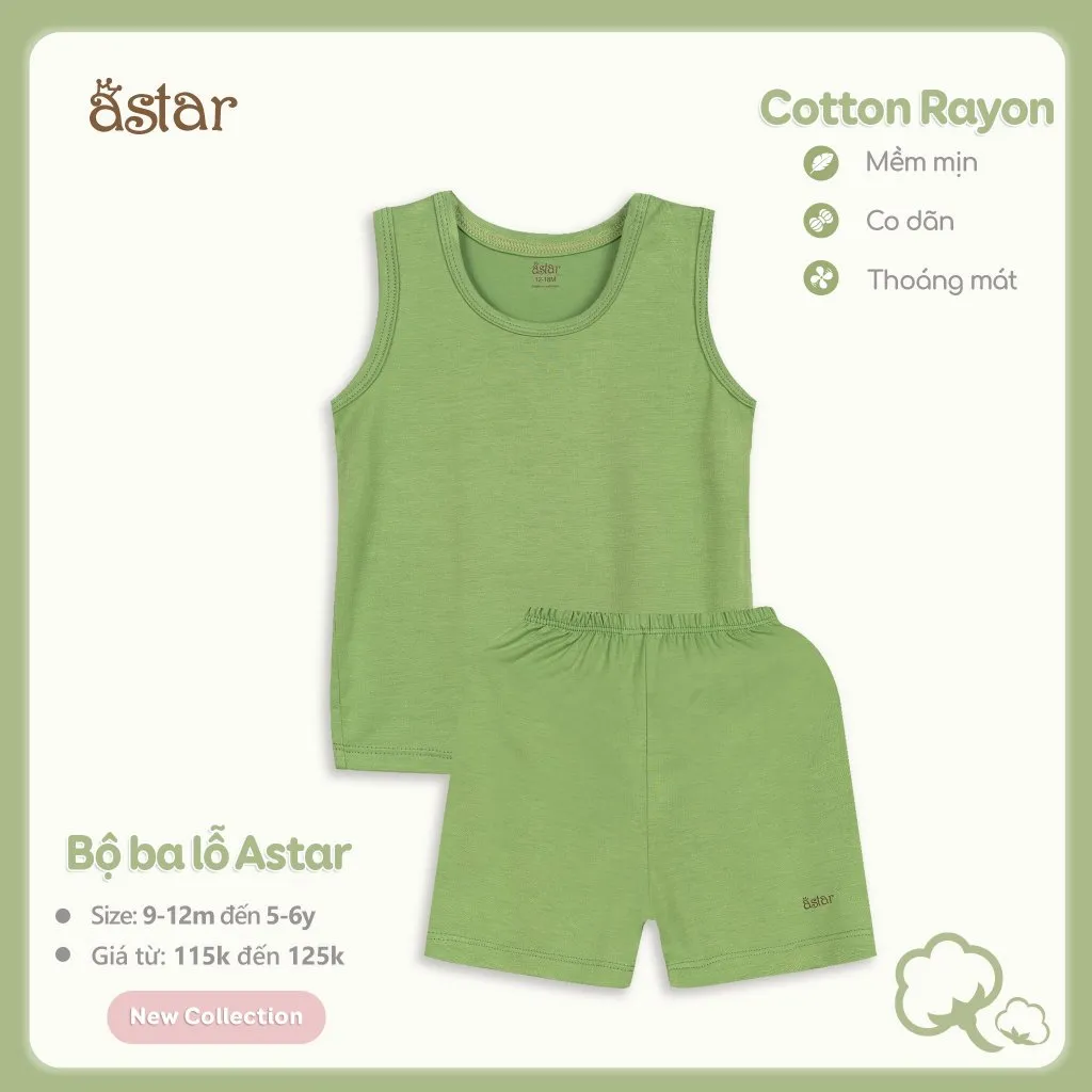 Ảnh Bộ ba lỗ màu trơn Astar vải cotton rayon cho bé trai, bé gái 9 tháng đến 6 tuổi 3