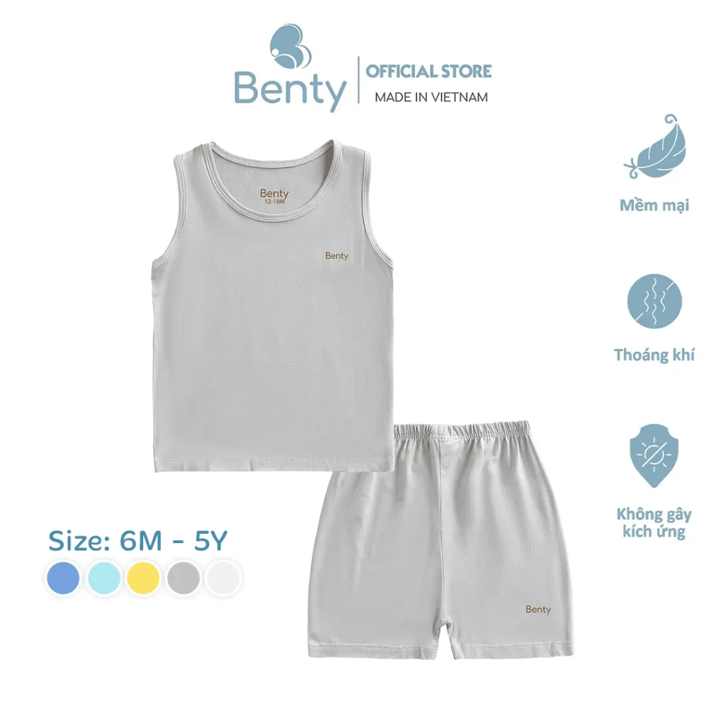 Ảnh Bộ ba lỗ màu trơn basic BENTY chất liệu mềm mịn thấm hút mồ hôi, quần áo cho bé trai và bé gái 1