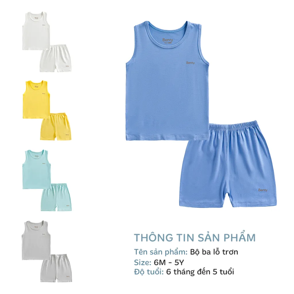 Ảnh Bộ ba lỗ màu trơn basic BENTY chất liệu mềm mịn thấm hút mồ hôi, quần áo cho bé trai và bé gái 2