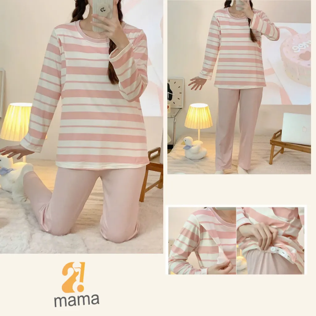 Ảnh Bộ Bầu Mặc Nhà Cotton Kẻ xanh hồng Đồ Bầu Sau Sinh Mở 2 Bên Cho Con Bú Và Quần Chun Chỉnh Bụng, Dài Tay 2mama 3
