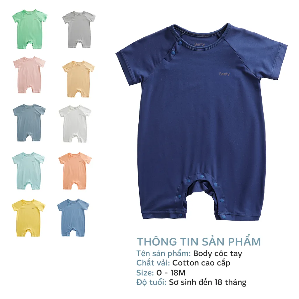 Ảnh Bộ body cộc tay cài chéo BENTY màu trơn,thiết kế tiện lợi,vải cotton an toàn da bé từ 0 đến 18 tháng 2