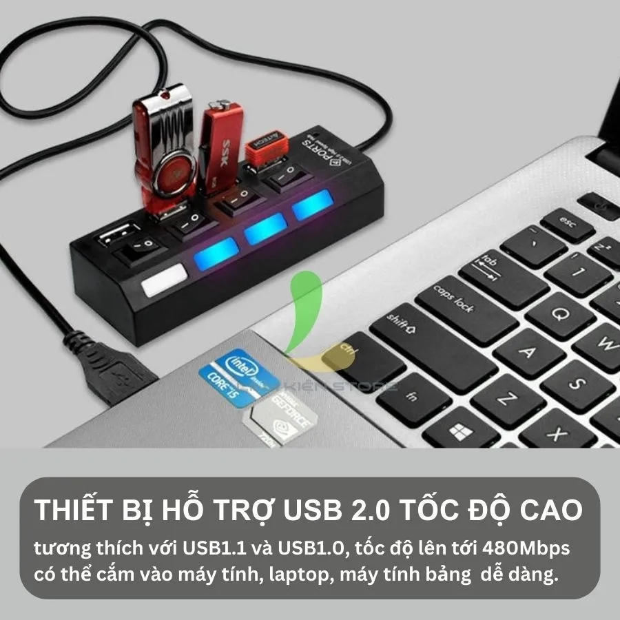 Ảnh Bộ chia USB HOSAN 4 cổng USB 2.0 có công tắc thiết kế nhỏ gọn tốc độ cao có đèn led hỗ trợ máy tính, PC 2